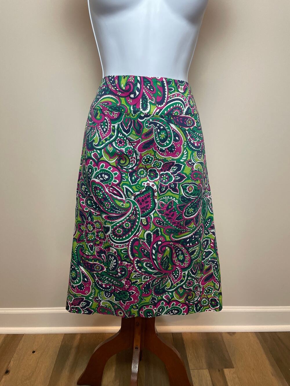 Talbots Paisley Pencil Skirt Size 6 Green Pink Multicolor Lined Cotton
